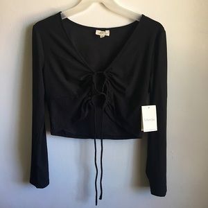 Meraki Black Cut Out Criss-Cross Long Sleeve Jaw String Crop Top